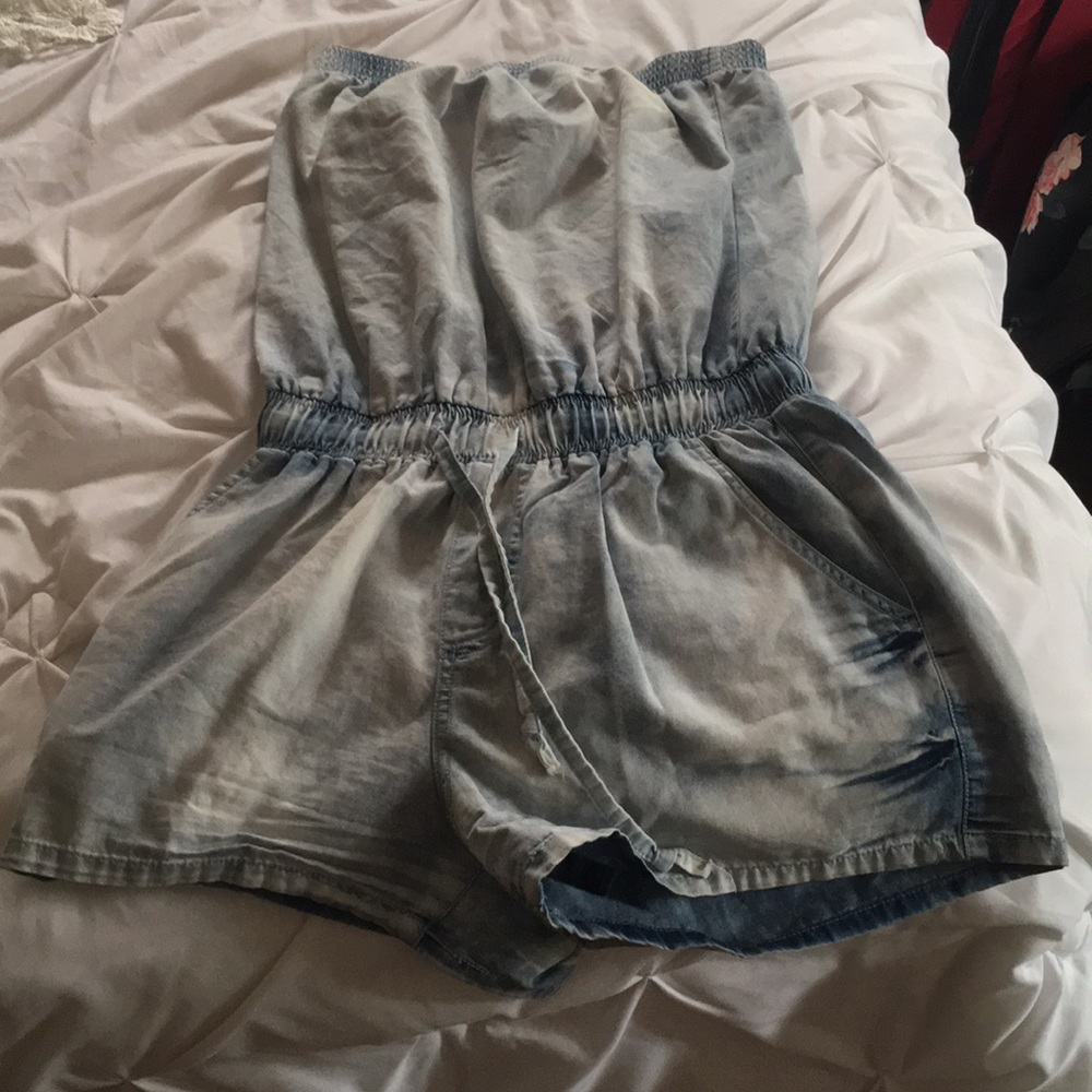 Denim strapless romper